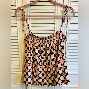 LOFT Floral Geometric Smocked Camisole in Pink, Brown & Cream